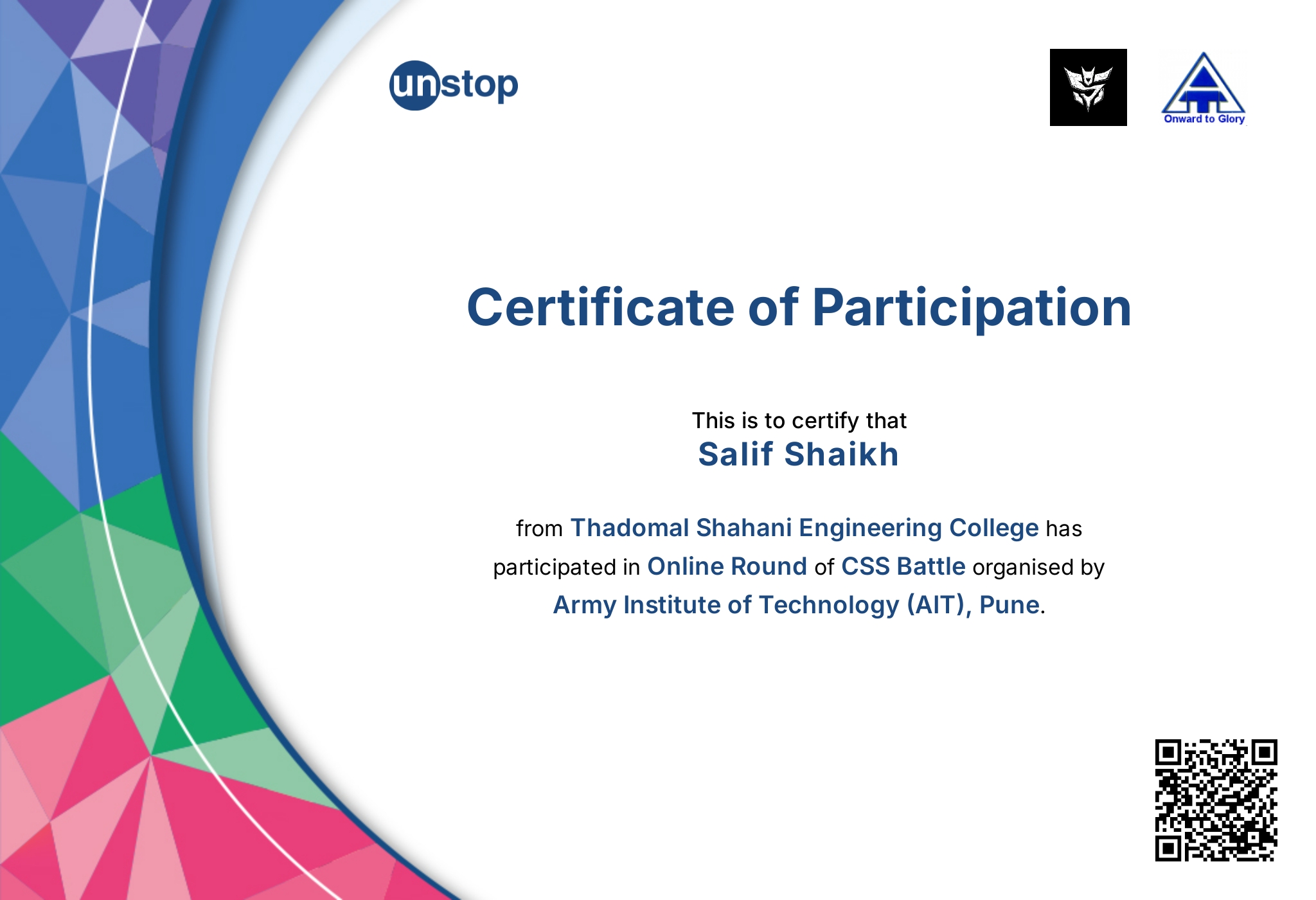 CSS Battle Unstop Participation Certificate-2025